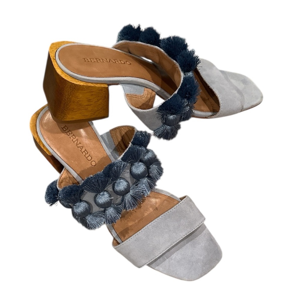 Bernardo Boho Blue Suede Bella Tassel Wooden Block Heel Slipon Sandals Shoes 8
